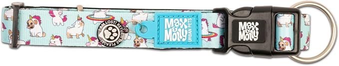 Max & Molly Urban Pets Smart ID Dog Collar - Soft Neoprene, Waterproof, Machine Washable, Power Buckle, Gotcha! QR Tag & Custom App Profile, Unicorns L
