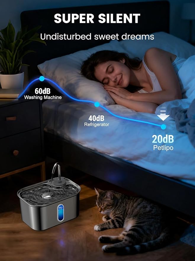 Cat Water Fountain Stainless Steel for Cats Indoor 2.5L 85oz by BPA-Free SUS304, Effective 6-Layer Filter Cat Fountain for Drinking 20dB Ultra Quiet Metal Pet Water Fountain (Fountain+4 Filters)