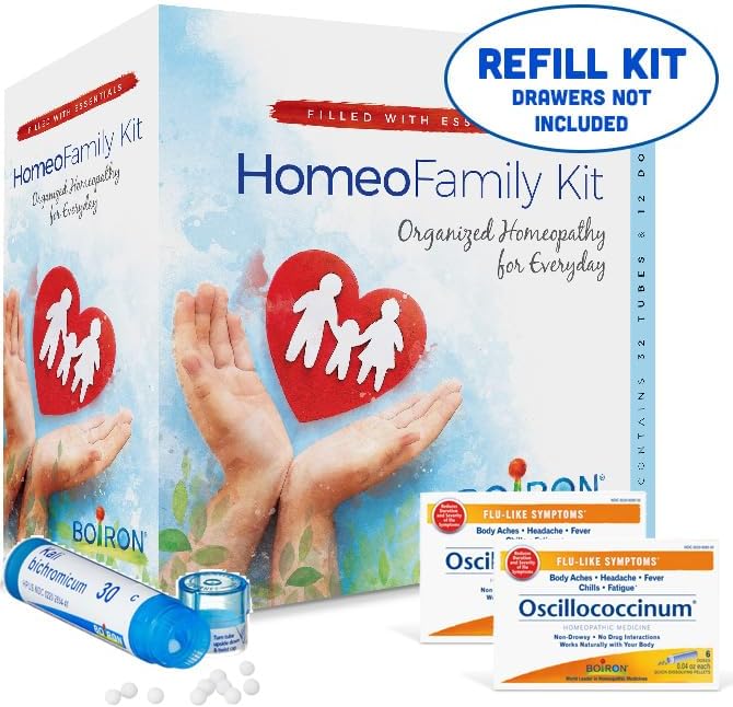 Boiron HomeoFamily Refill Kit with The Essentials - 32 Assorted Homeopathic 6c and 30c Tubes, 12 Oscillococcinum Doses - This is a Homeo Family Refill Kit (Does Not Include Blue Storage Drawers)