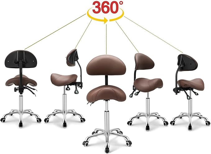 Kaleurrier Saddle Stool Rolling Swivel Height Adjustable with Wheels,Heavy Duty Anti-Fatigue Ergonomic Saddle Chair for Hair Beauty Salon Lab Dental Massage Office Home Kitchen (with Back, Coffee)