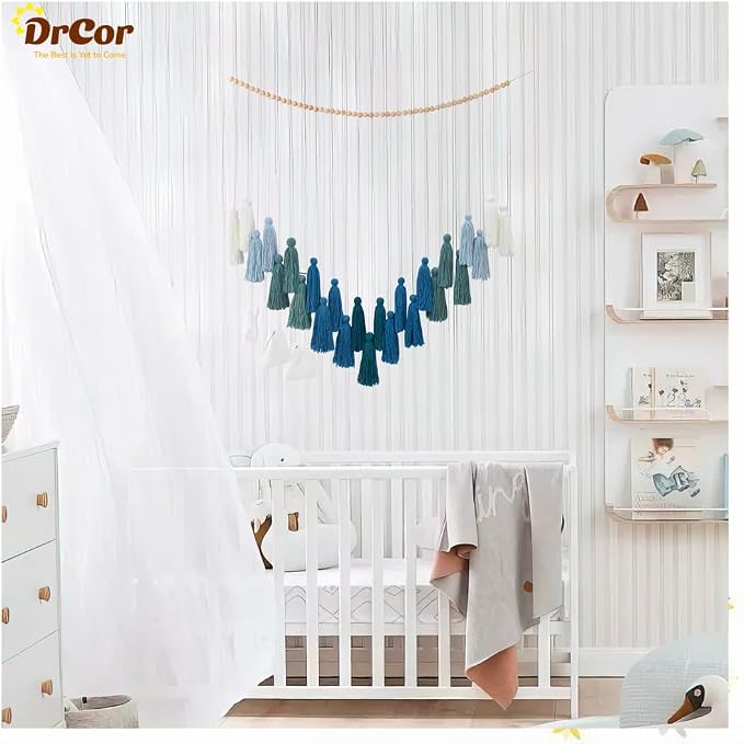 DrCor Ombre Green Boho Macrame Garland Wall Hanging Decor | Handmade yarn banner for classroom, reading corner, dorm and farmhouse styling. Pre-assembled, reusable, eco-friendly.
