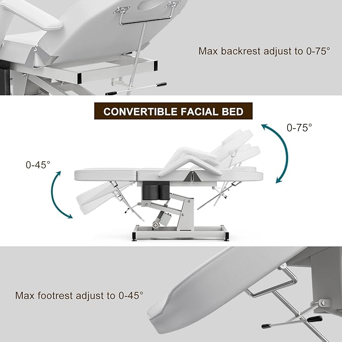 SyyBhb Electric Height Adjustable Esthetician Chair Facial Bed, 3-Section Folding Lift Tattoo Chair Bed Massage Table for Spa, Lash Extension, Microblading, Wax, Medical Treatment, White