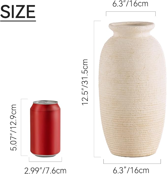 Ceramic Flower Vase, 12.5" Large Rustic Farmhouse Vases Home Decor Tall Pottery Decorative Pampas Vase for Table Living Room Entryway Mantel Bookshelf Bedroom Bathroom Kitchen - W