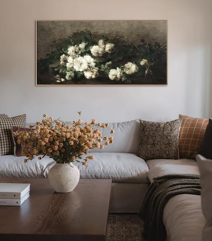 DJSYLIFE Vintage Framed Wall Art, White Rose Still Life Painting,20x40 Inch | Large Floral Canvas Print, Classic Elegant Artwork, Living Room Wall Decor, Long Picture for Bedroom Above Bed, Ready to Hang