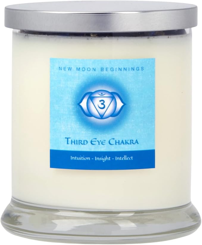 Third Eye Chakra Candle by New Moon Beginnings - Chakra Candles - Dried Flower, Herb, & Crystal Candles - Aromatherapy Candles - Soy Candle - 12oz Glass Jar
