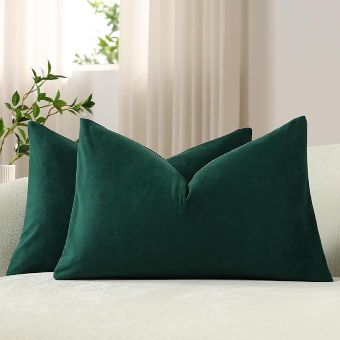Lumbar Pillow Covers 12x20 Green: Pack of 2 Cozy Soft Velvet Rectangular Modern Luxury Decorative Throw Pillow Cases for Sofa Couch Living Room Bed Home Decor Christmas