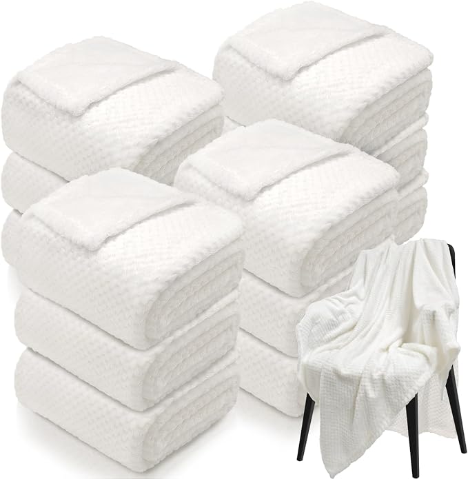 12 Pack Fleece Throw Blankets 50x60 Inches - 270 GSM Ultra Soft Plush Flannel for Bed Couch Sofa, Lightweight Warm 3D Waffle Texture, No Shedding No Pilling All Season Throw (White)