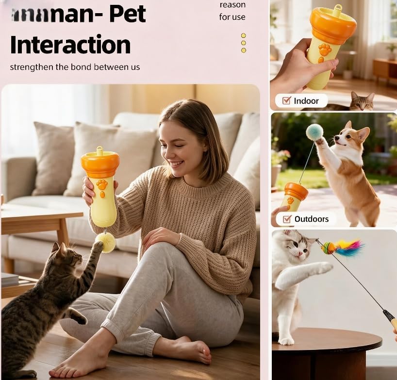 Electric Cat Teaser Indoor Cats, Cat Teaser Launcher with Ball & Telescopic Rope Launcher, Automatic Retraction Interactive Cat Toy, Relief Enrichment Toys for for Kittens and Cats (Orange)
