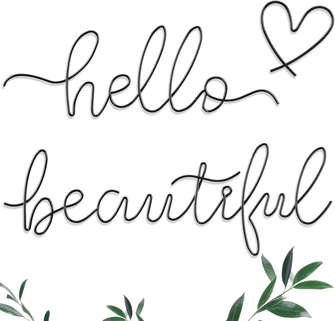 Hicarer Metal Hello Gorgeous Wall Art Minimalist Wall Decor,Black,Beautiful | for Bedroom Bathroom Living Room Dressing Room Salon Vanity Office Home Decoration, Easy to Install