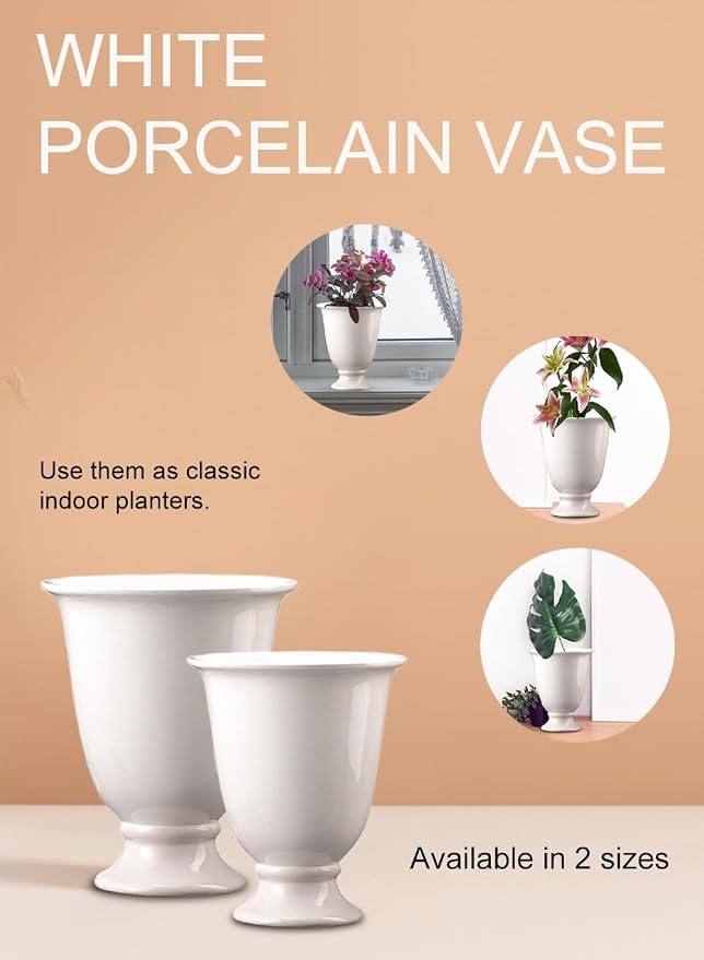 Serene Spaces Living White Porcelain Urn Vase: Pedestal Floral Pot for Natural & Faux Flowers. Perfect Entryway, Home Decor, Tabletop Decoration, Wedding, Small