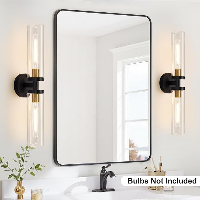 Indoi Black and Gold Wall Sconce, Hardwired Bathroom Sconces Wall Lighting with Clear Glass, Modern Sconces Wall Light fixtures for Bathroom Mirror Living Room Hallway Bedroom