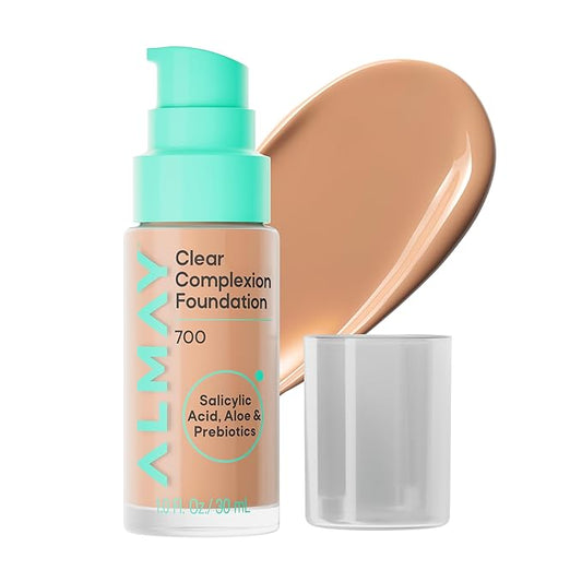 Almay Clear Complexion Foundation, Oil-Free Face Makeup for Acne-Prone Skin, Buildable Coverage, Soft-Matte Finish, Vegan, 700, 1 fl oz