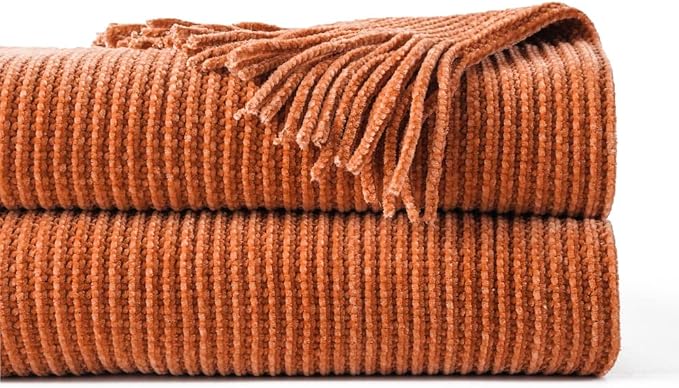 BATTILO HOME Rust Orange Throw Blanket for Couch, 50"x60" | Soft Chenille Knit Blanket with Tassels for Home Decor, Spring Fall Decor Throws for Couch Cover