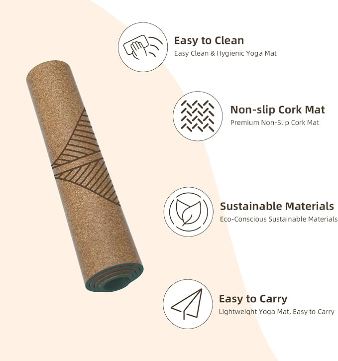 ILILI Eco-Friendly Cork Yoga Mat 1/4 inch Thick, 72''L*26''W, Non Slip Lightweight Cork and TPE Soft Exercise & Fitness Mat, Ideal for All Types of Yoga, Home, Gym & Studio Workouts