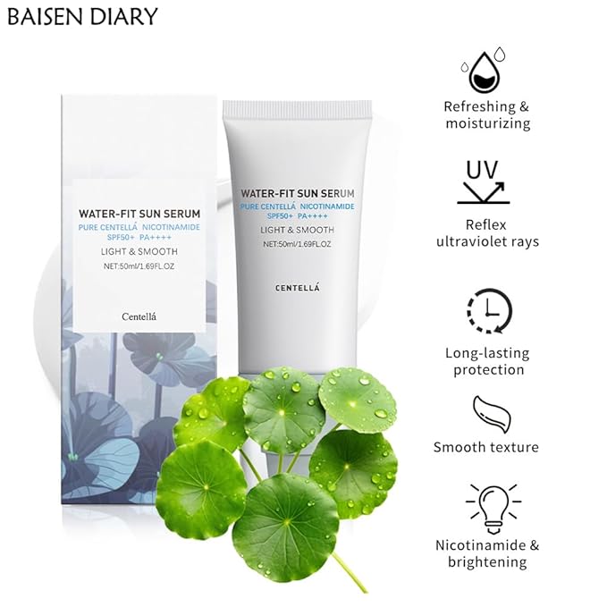 2PCS Centella Sunscreen SPF 50 PA++++, Hyalu Cica Water-Fit Sun Serum, Lightweight Sunscreen with Centella Asiatica, Hydrating & Non-Greasy Sun Protection for Sensitive Skin