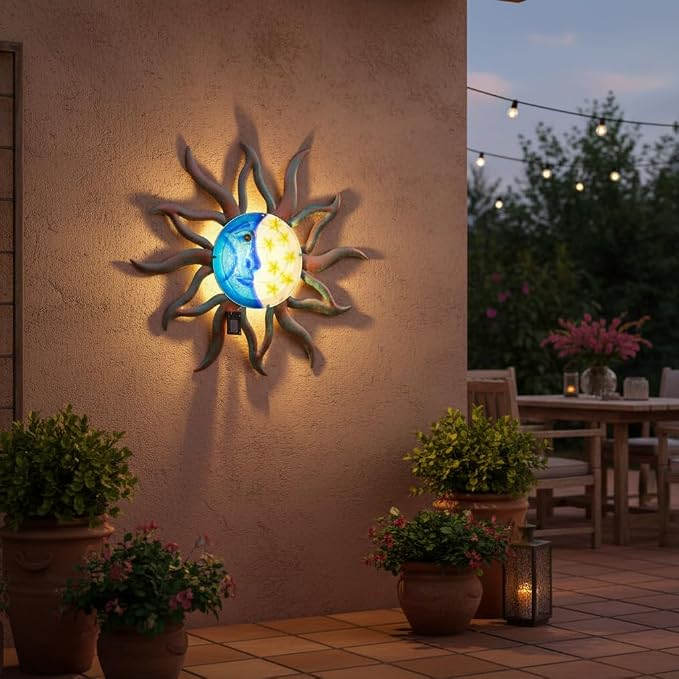 VEWOSTAR 29" Large Metal Sun and Moon Wall Art | 3D Fence Wall Decor With with Solar Lights, Hanging Decoration for Patio Garden Yard,Gift Ideal for Mom
