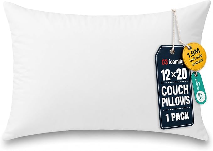 Foamily 12x20 Lumbar Pillow Insert, White Pillows for Couch, Sofa & Bed | Soft down-alternative fill, hypoallergenic, holds its shape. Fits 12x20 lumbar covers. Couch, bed, accent chairs.