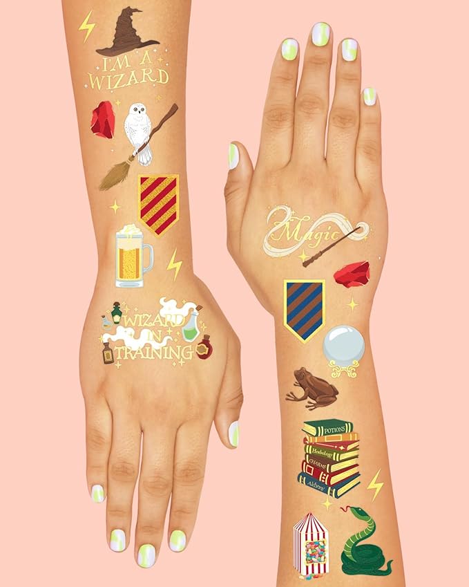 xo, Fetti Wizard Party Temporary Tattoos - 60 Gold Foil Styles | Magical Birthday Decorations, Magic Baby Shower Supplies, Wizardry Theme Favor, Kids Party Accessory