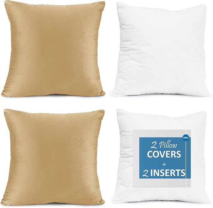 Throw Pillow Inserts Pack of 2 with Velvet Soft Solid Decorative Square Throw Pillow Covers Set for Sofa Couch Car Bedroom, 18X18 Throw Pillows Inserts with 16x16 Washable Cushion Covers, Camel Gold