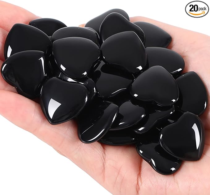 QINJIEJIE 20 PCS Natural Heart Healing Crystals Black Obsidian Polished Stones Pocket Crystal Palm Mini Cute Love Gemstones Set Bulk Wholesale Reiki Energy Balancing Meditation Valentine's Day Gift
