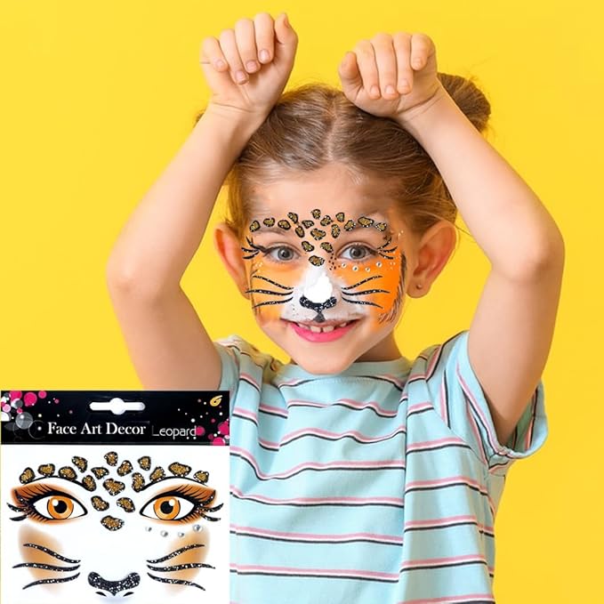 Leopard Face Tattoo Stickers Tiger Lion, Leopard Print Cat Face Gems for Women Party Birthday Cosplay Face Temporary Tattoo for Makeup 2 sheets
