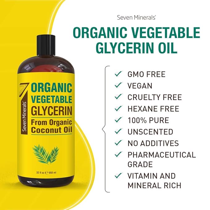 Seven Minerals, Organic Vegetable Glycerin - Big 32 fl oz Bottle - No Palm Oil, Made with Organic Coconut Oil - Therapeutical Grade Glycerine for DIYs - Hair, Nails & Skin Moisturizer - Non-Gmo