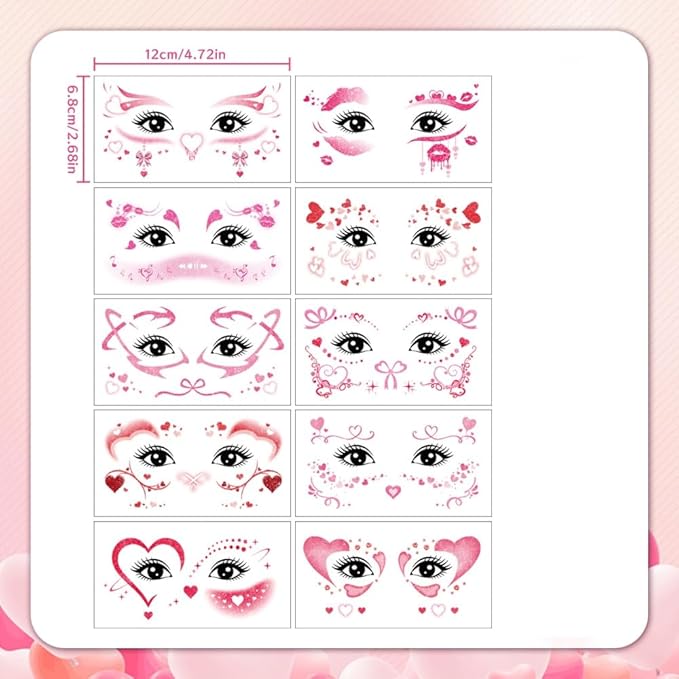 Valentine's Day Temporary Tattoos Hearts Bow Blush Face Tattoos Mixed Styles Cartoon Pink Red Love Bowknot Eye Fake Tattoos Cute Stickers Waterproof Face Stickers for Girls Body Art Makeup 10 Sheets