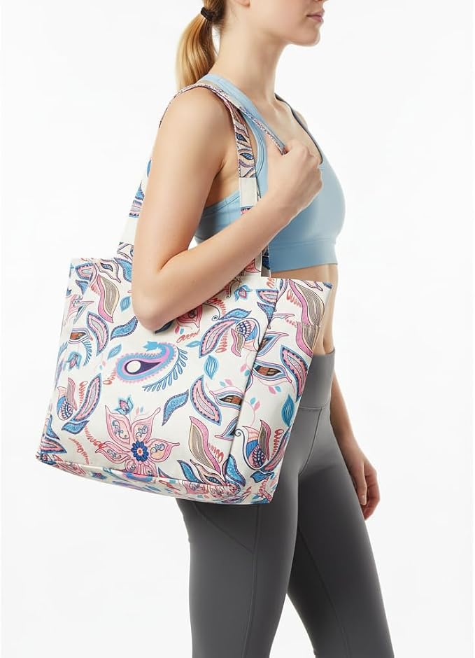 Floral Paisley Pattern Yoga Bag, Canvas Tote with Blue and Pink Design, Spacious Carrier for Yoga Mat and Accessories