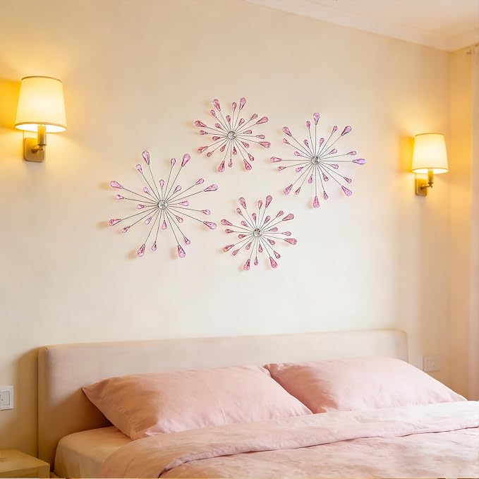ZEXUIRU 4 Set Silver Starburst Wall Art for Home Decor Metal Bling Crystal Rhinestones Sunburst Wall Decor Sparkling Rhinestone Art Accent -Pink 13in/11.8in/9.8in/9.8in