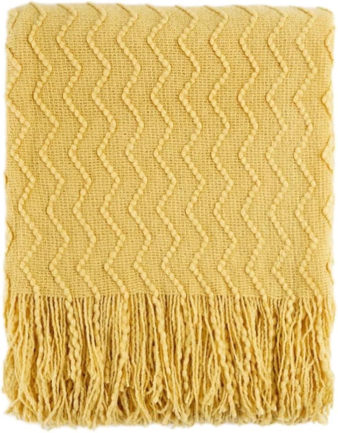 BATTILO HOME Yellow Throw Blanket for Couch, Textured Soft Gold Throw Blankets, Decorative Knitted Mustard Blanket for Sofa Bed Living Room, 50"x60"