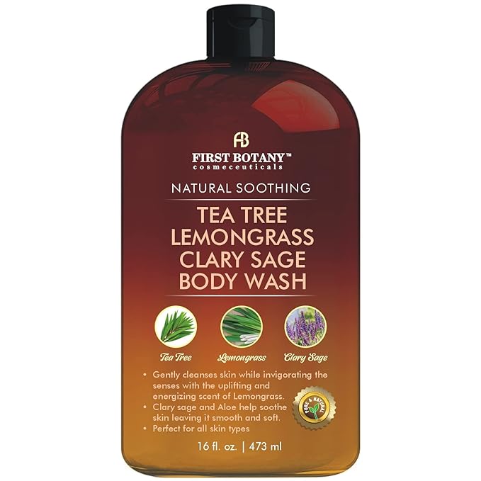 First Botany, ALL Natural Body Wash, Fights Body Odor, Athlete's Foot, Jock Itch, Dandruff, Acne, Eczema, Shower Gel for Women & Men, Skin Cleanser -16 fl oz (Tea Tree, Lemon Grass, Clary Sage)
