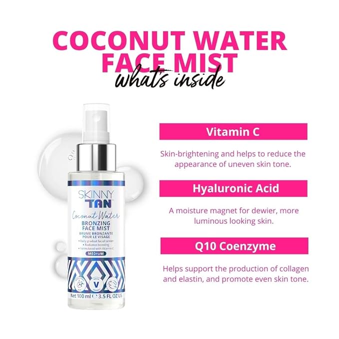 Skinny Tan Coconut Water Self Tanning Face Mist Spray - Gradual Self Tanner Enriched with Hyaluronic Acid and Vitamin C - Delicious Tropical Coconut and Pineapple Scent - Medium Self Tan - 3.5 oz