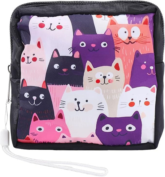 Cat Period Bag Sanitary Napkin Storage Bag Cute Cats Print Sanitary Pad Pouch Portable Waterproof Feminine Product Travel Storage Organizer First Period Gifts for Women Ladies Daily Use