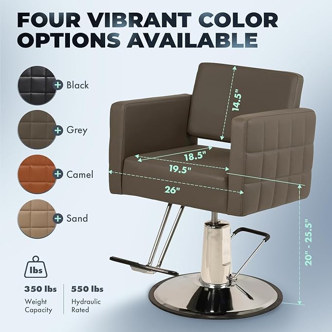 Buy-Rite Icon Salon Styling Chair - Gray Hydraulic Chair with Extra-Wide Seat, Quilted Vinyl Design, Steel Frame & 23" Round Base for Professional Stylists & Barbers, YLG-192-GRY