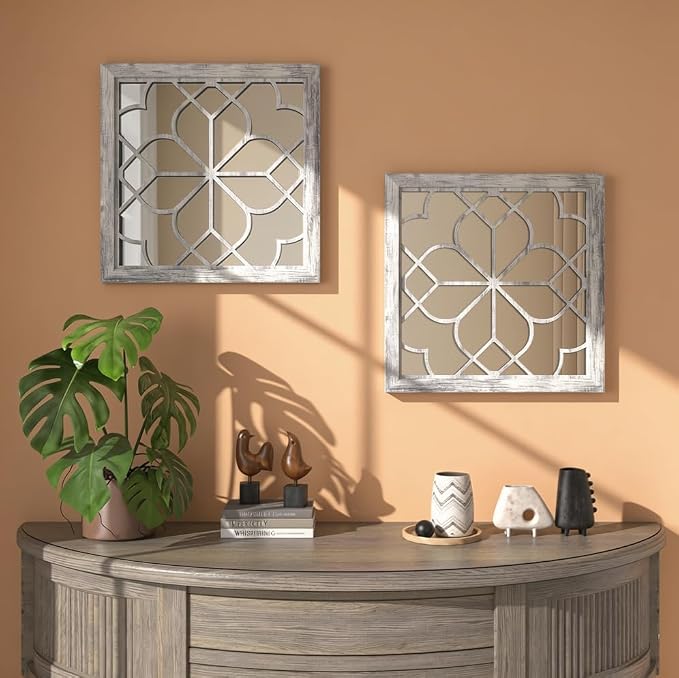 Set of 2 18 Inch Large Square Grey Window Pane Wall Mirrors, Shatterproof Rustic Farmhouse Boho Vintage Accent Mirrors for Living Room, Bedroom, Bathroom, Entryway & Home Decor