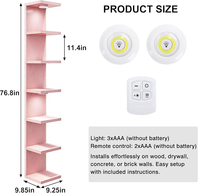Fixwal 7 Tier Wall Shelf with LED Lights Lack Shelf for Room Deocr (Pink) | 76.8in Tall, Holds 44Lbs Total, Flexible Section Installation, Fits Any Room Decor