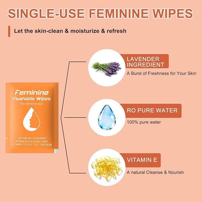 twoworld 100 Feminine Wipes Flushable Travel Individually Wrapped | Travel Wipes for Women,Feminine Care Wet Wipes Travel Size Vaginal Wipes for Adult,Girl and Homeless(Lavender)