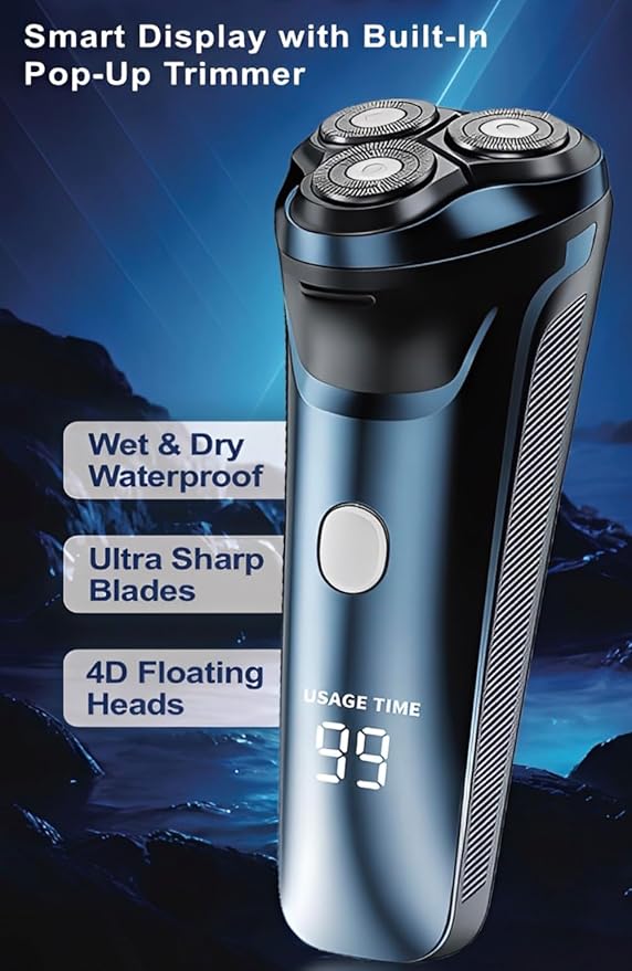 Smart 2-in-1 Electric Rotary Shaver for Men with 4D Floating Heads & Pop-Up Trimmer - USB Rechargeable, Wet & Dry Waterproof Razor with LCD Display (90 Min Runtime)