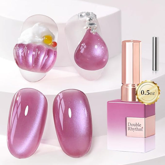 Double Rhythm 15ML Ice Glass Cat Eye Gel Polish with Magnet Holographic Glitter Shimmer Translucent Sheer Color Salon Soak Off Magnetic Nail at Home (Purple Pink-MC1243)