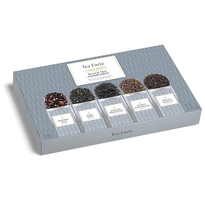 Tea Forte Single Steeps Loose Leaf Tea Sampler, Assorted Variety Tea Box, 15 Single Serve Pouches, Black Tea