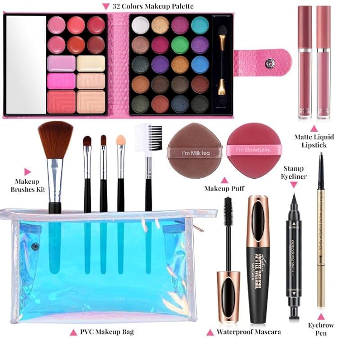 Makeup Set for Women Full Kit - 32 Colors Makeup Palette,5pcs Brushes Set, Mascara & Stamp Liquid Eyeliner, Eyebrow Pen, 2pcs Matte Liquid Lipsticks, 2 Powder Puff, 1 Cosmetic Bag Makeup Gift Set