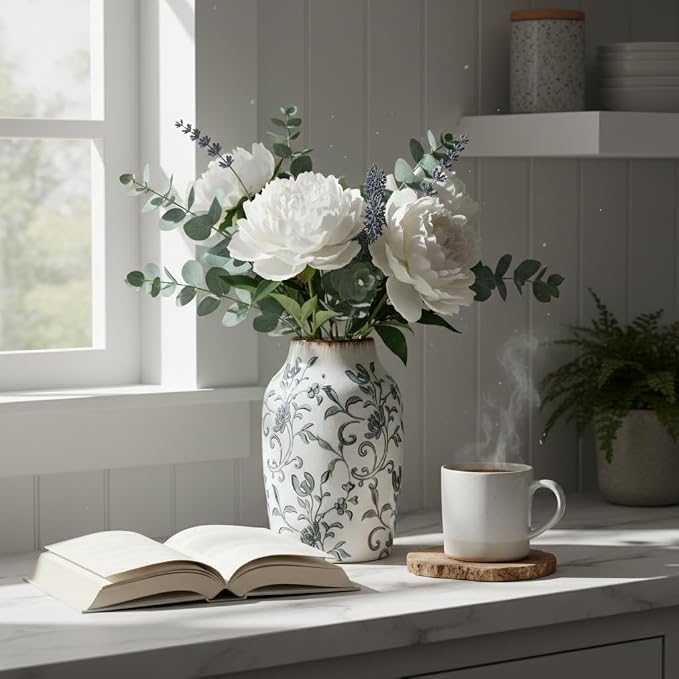 SIDUCAL Ceramic Vintage Vase, 7 Inch Retro Ice Cracked Chinoiserie Floral Vase, Rustic Farmhouse Vases for Home Decor, Bookshelf, Office, Garden, Chinoiserie Decor, Tuscan Decor, Gray Floral Pattern