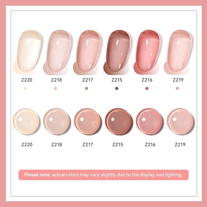 Jelly Nude Nail Polish Set 6 Colors Neutral Beige Nude Rose Pink Brown Sheer Pink Jelly Nail Polish, Quick Dry, Non-Toxic, Rich in Castor Oil, Professional Nail Art DIY Gift