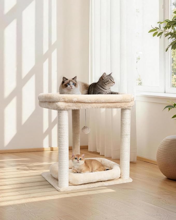 SYANDLVY Small Modern Cat Tree with 2 Levels Perch Platforms for Kittens | Natural Sisal Scratching Post Tower with Hanging Bell Ball & Anti-Tip Strap, Cat Furniture for Indoor Cats, Beige