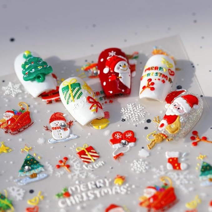 Christmas Nail Stickers for Nail Art, 5D Embossed Self-Adhesive Snowflake Socks Nail Decals, Mushroom Nail Supplies Nail Art Design Accessories for Women and Girls Manicure DIY Decoration
