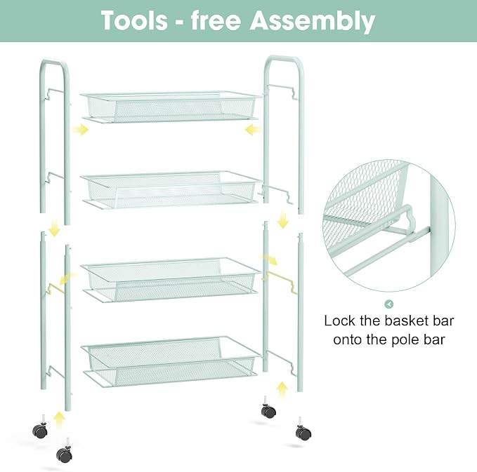 TOOLF 4 Tier Rolling Cart, Metal Utility Storage Cart with Wheels, Green | 3 Hooks, Screwless Assembly, Trolley Organizer for Bathroom, Kitchen, Office, Nursery, Dorm, Laundry Room