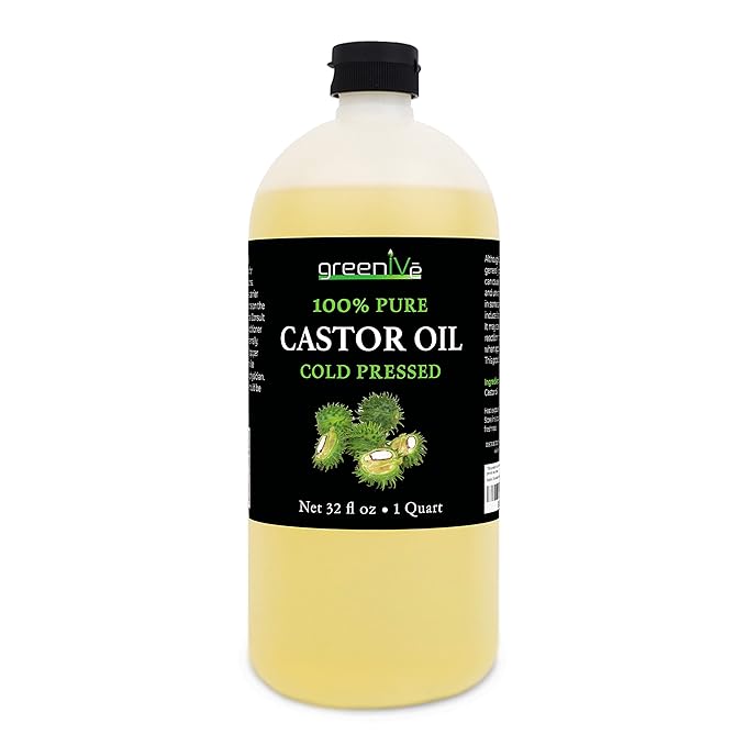 GreenIVe 100% Pure Castor Oil – Cold-Pressed, Hexane-Free – Hair, Eyebrows, Eyelashes, Skin Moisturizer, Castor Pack Wrap Oil Bulk Bottle (32 Fl oz)