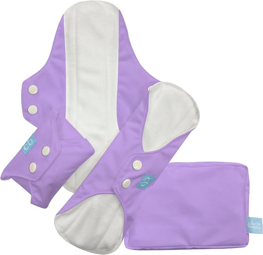 Charlie Banana - Reusable Feminine Pads Super 3 Pack with Pouch | Washable Menstrual Pads for Heavy Absorbency | Lavender