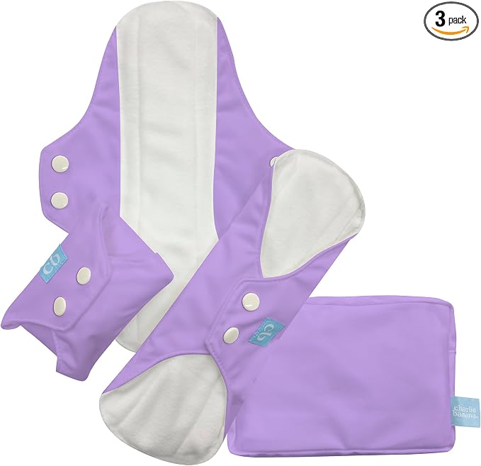 Charlie Banana - Reusable Feminine Pads Super+ 3Pack with Pouch | Washable Menstrual Pads for Heavy & Overnight Absorbency | Lavender