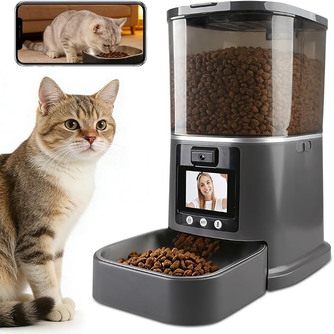 Automatic Cat Feeder with Camera Two-Way Video/Autio 5G WiFi, 5L | 3MP HD, Custom Voice, APP Control Automatic Dog Feeder with Night Vision, Cat Food Dispenser, Automatic Feeder Cat Dry Food